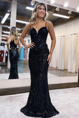 Long Prom Dress with Sparkly Dark Green Sequins and Spaghetti Straps in Mermaid Style