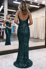 Long Prom Dress with Sparkly Dark Green Sequins and Spaghetti Straps in Mermaid Style