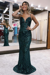 Long Prom Dress with Sparkly Dark Green Sequins and Spaghetti Straps in Mermaid Style
