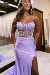 Long Mermaid Prom Dress with Lilac Glitter and Spaghetti Straps Featuring Appliques