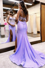 Long Mermaid Prom Dress with Lilac Glitter and Spaghetti Straps Featuring Appliques