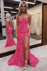 Long Orange Mermaid Prom Dress with Sparkly Sequins and a Strapless Slit