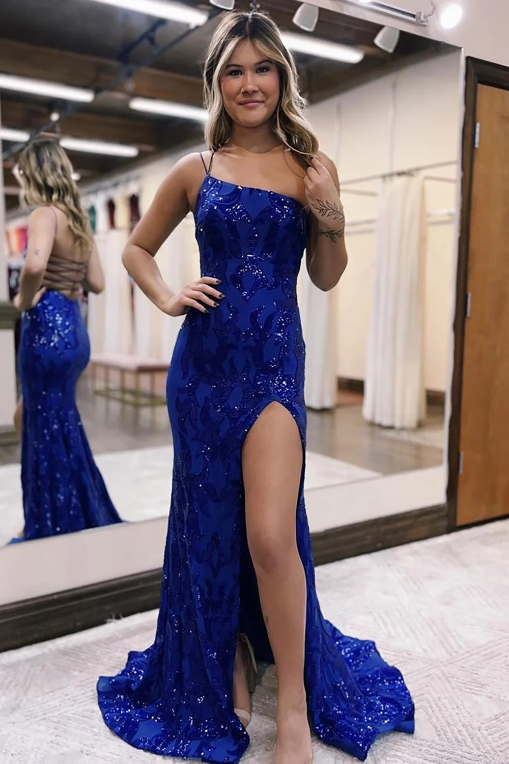 Royal Blue Sparkly One-Shoulder Mermaid Prom Dress with Slit and Sequins