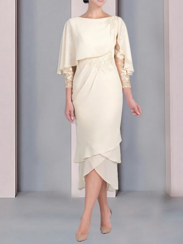 Tea-Length Mother of the Bride Dress with Scoop Neck Short Sleeves and Appliqued Lace
