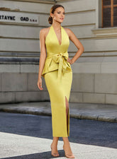 Tea-Length Sleeveless Halter Mother of the Bride Dress with Bowknot