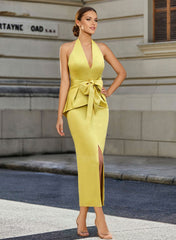 Tea-Length Sleeveless Halter Mother of the Bride Dress with Bowknot