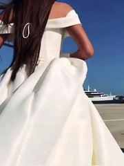 Charming Off-The-Shoulder V-Neck A-Line Satin Wedding Dresses