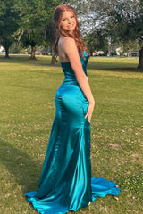 Long Strapless Mermaid Prom Dress in Peacock Green Satin with Slit