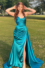 Long Strapless Mermaid Prom Dress in Peacock Green Satin with Slit