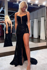 Black Sparkle Sequined Prom Dress with Spaghetti Straps and Slit Appliques
