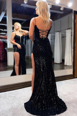 Black Sparkle Sequined Prom Dress with Spaghetti Straps and Slit Appliques