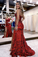 Mermaid Prom Dress with Sparkly Red Sequins and Spaghetti Straps