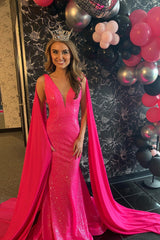 Long Mermaid Prom Dress with Sparkly Hot Pink Sequins and V-neck Cape