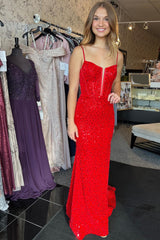 Long Red Corset Prom Dress with Spaghetti Straps Sequins and Mermaid Slit