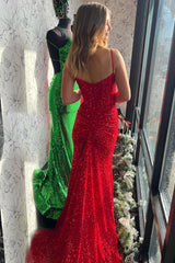 Long Red Corset Prom Dress with Spaghetti Straps Sequins and Mermaid Slit