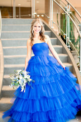 Hot Pink Long A-Line Prom Dress with Ruffled Straps