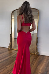 Stylish Red Mermaid Prom Gown with Satin Spaghetti Straps and Cut-out Detail