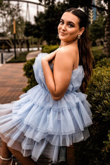 A-Line Light Blue Strapless Tiered Tulle Short Homecoming Dress/Mini Dress