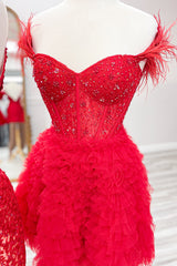 Sparkly Red Corset A-Line Short Homecoming Dress/Mini Dress with Ruffles