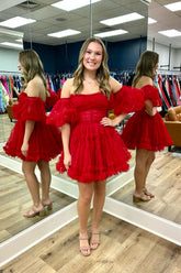 Red Corset Strapless A-Line Short Tulle Homecoming Dress/Mini Dress with Detachable Sleeves