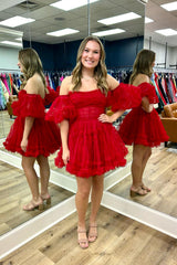 Red Corset Strapless A-Line Short Tulle Homecoming Dress/Mini Dress with Detachable Sleeves