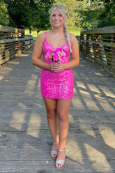 Sparkly Spaghetti Straps Fuchsia Tight Short Homecoming Dress/Mini Dress with Lace
