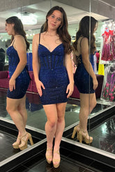 Navy Sparkly Beaded Corset Lace-Up Back Tight Short Homecoming Dress/Mini Dress