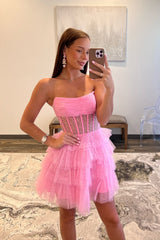 Sparkly A-Line Pink Corset Tiered Tulle Short Homecoming Dress/Mini Dress