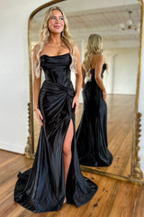 Orange Strapless Mermaid Corset Prom Dress Featuring a Front Split