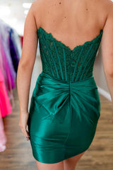 Dark Green Strapless Satin Corset Tight Short Homecoming Dress/Mini Dress (Gloves not Included)