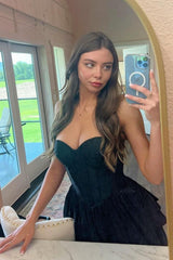 Black A-Line Corset Sweetheart High Low Tiered Long Prom Dress