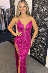 Long Hot Pink Mermaid Prom Dress with Sweetheart Neckline and Front Split in Sequins