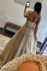 Long Khaki Prom Dress with Bows in A-Line Tulle and Spaghetti Straps