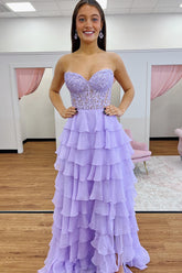 Lilac Long Corset Prom Dress with Ruffles and Sweetheart Neckline