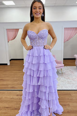 Lilac Long Corset Prom Dress with Ruffles and Sweetheart Neckline