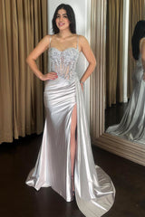 Elegant Silver Satin Mermaid Prom Dress with Spaghetti Straps and Appliques