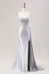 Elegant Silver Satin Mermaid Prom Dress with Spaghetti Straps and Appliques