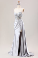 Elegant Silver Satin Mermaid Prom Dress with Spaghetti Straps and Appliques