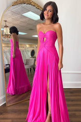 Long Pleated Fuchsia Prom Dress with Sweetheart Neckline Keyhole Detail and Slit