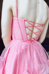 Glitter Pink Corset Tulle A-Line Tulle Short Homecoming Dress/Mini Dress With Pocket