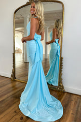 Elegant Light Blue Satin Mermaid Prom Dress with Halter Neck and Backless Design