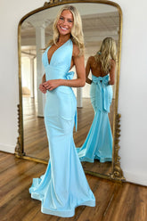 Elegant Light Blue Satin Mermaid Prom Dress with Halter Neckline and Backless Design