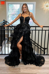 Black Sparkling Spaghetti Strap A-Line Long Corset Prom Dress with Sequins Tiers and Slit
