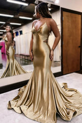 Satin Mermaid Prom Dress with Golden Spaghetti Straps and Cut-out Detail