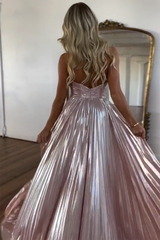 Long A-Line Pleated Prom Dress with Metallic Blush Halter Neck and Slit