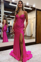Fuchsia Mermaid Prom Dress with Sparkly Beading and Spaghetti Straps