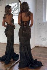 Black Sparkly Mermaid Prom Dress with Beading and Spaghetti Straps