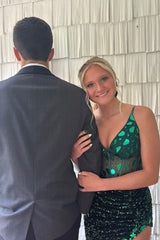 Long Corset Prom Dress in Emerald Green with Mermaid Sequins and Spaghetti Straps Featuring a Slit