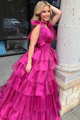 Deep V Neck Fuchsia Princess Prom Dress with Ruffles in A Line