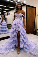 Off the Shoulder Long Corset Prom Dress in Grey Blue with A-Line Tiered Design and Slit